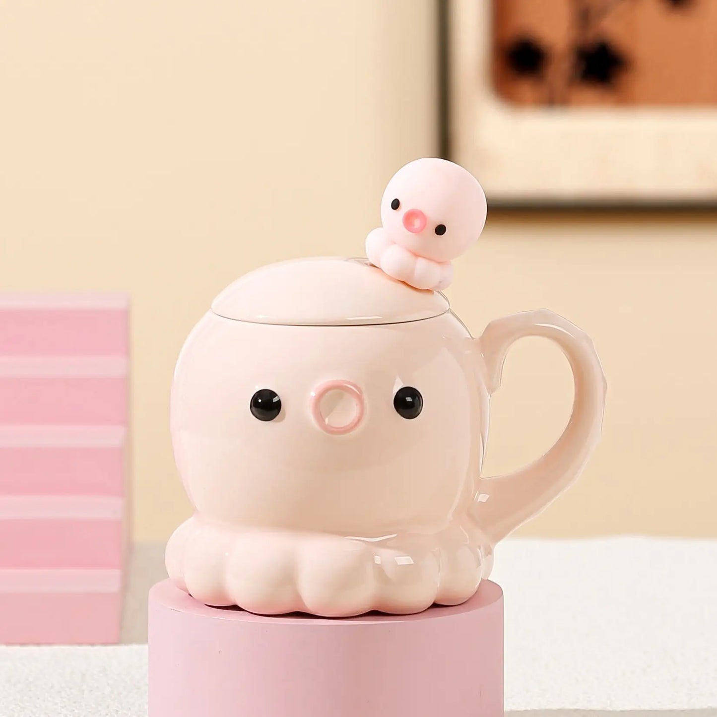 タコ セラミックカップ コーヒーカップ 誕生日プレゼント  カバー＆スプーン付き　ピンク