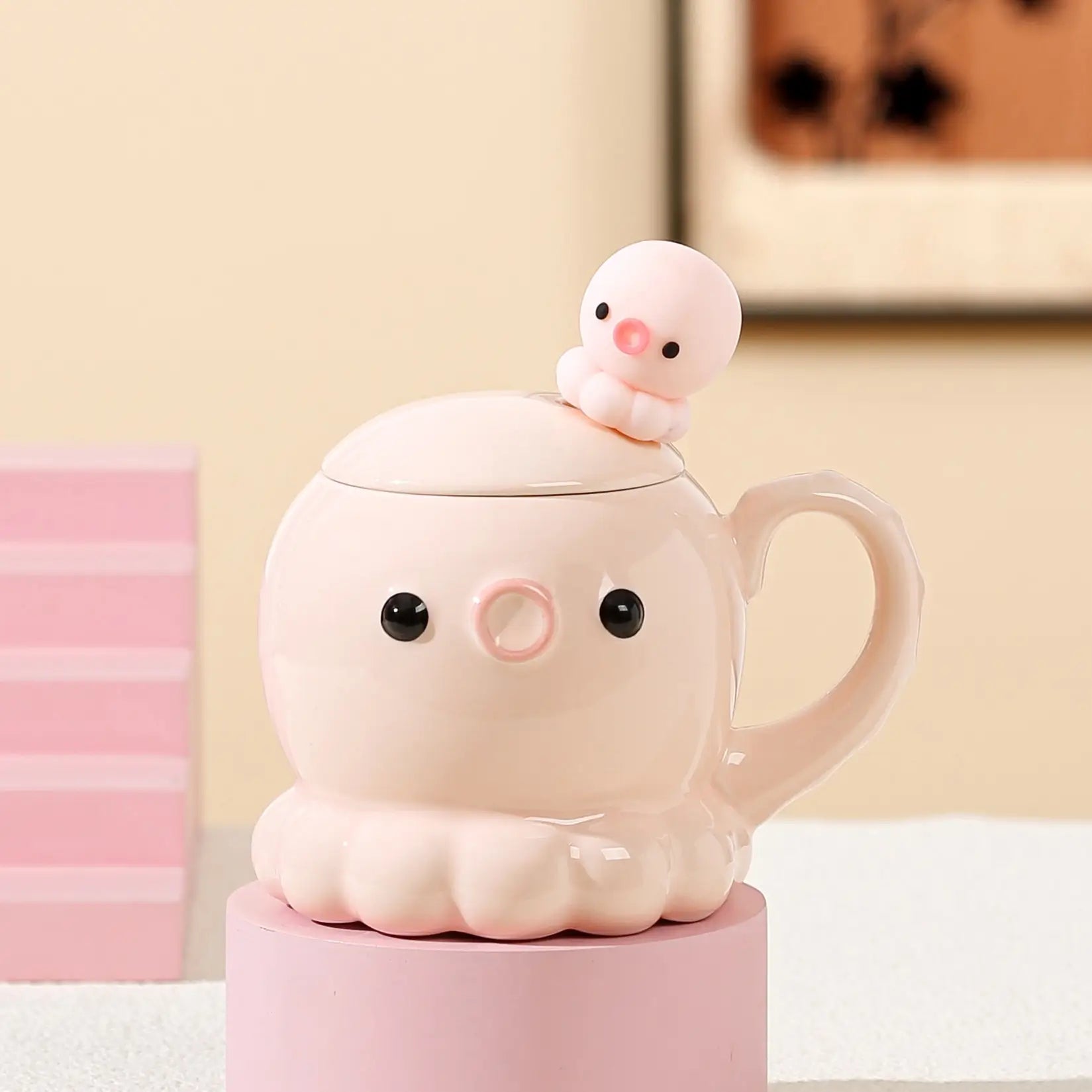 タコ セラミックカップ コーヒーカップ 誕生日プレゼント  カバー＆スプーン付き　ピンク