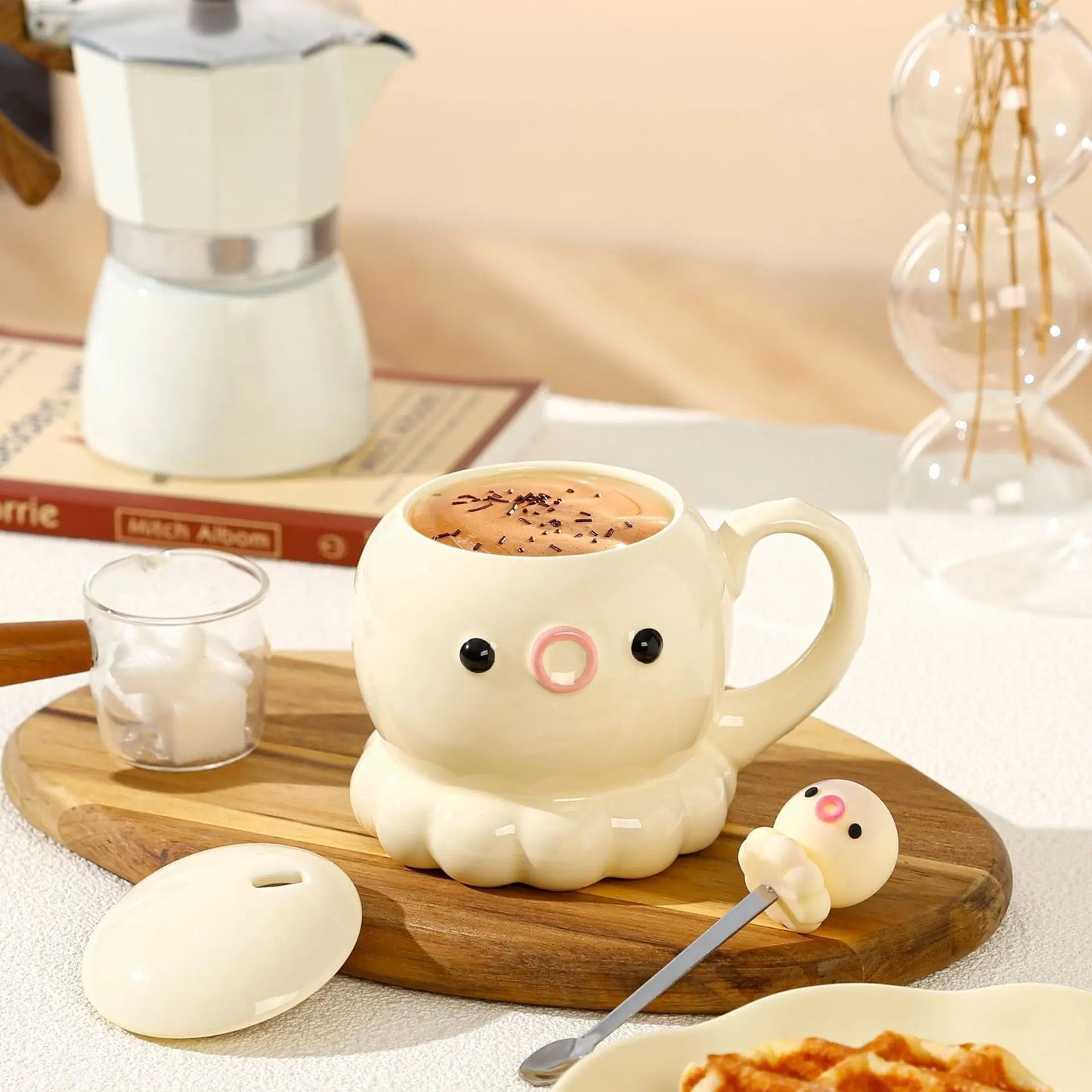 タコ セラミックカップ コーヒーカップ 誕生日プレゼント  カバー＆スプーン付き