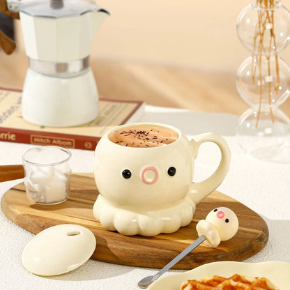 タコ セラミックカップ コーヒーカップ 誕生日プレゼント  カバー＆スプーン付き