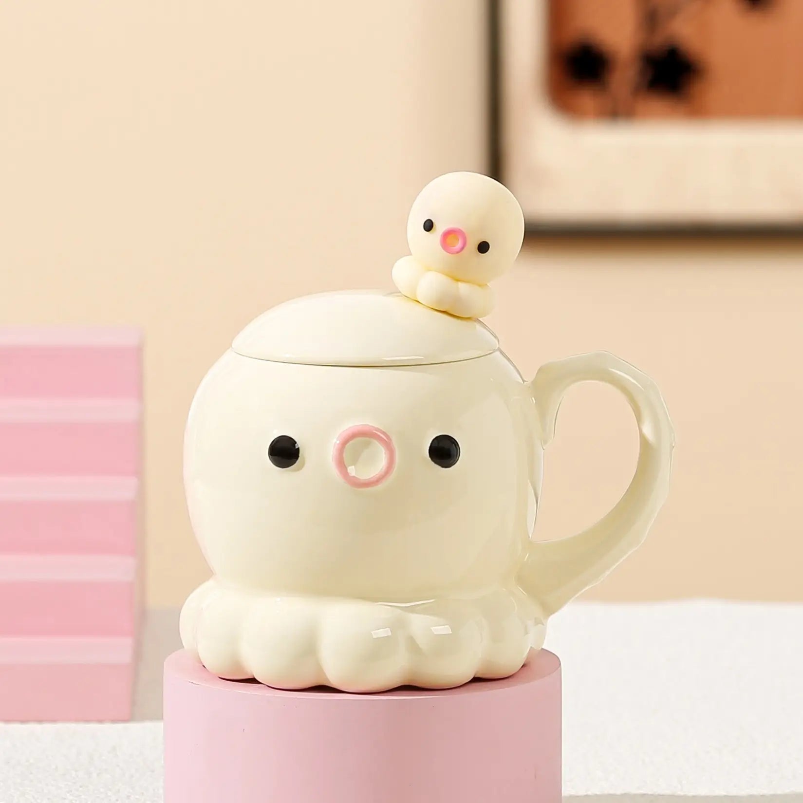 タコ セラミックカップ コーヒーカップ 誕生日プレゼント  カバー＆スプーン付き　イエロー