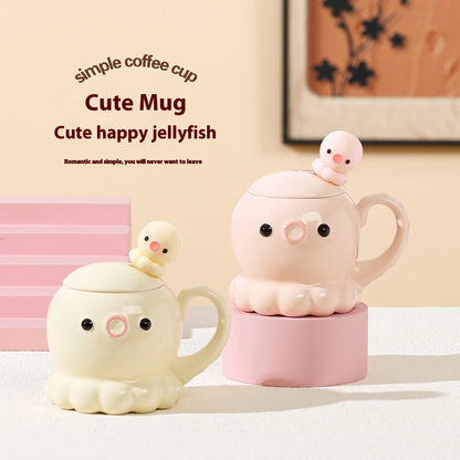タコ セラミックカップ コーヒーカップ 誕生日プレゼント  カバー＆スプーン付き